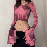 Printed Crew Neck Pullover Flare Long Sleeve Cropped Navel Casual Top