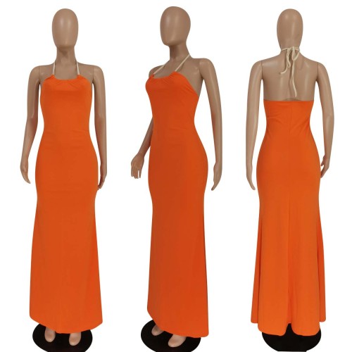 Fashion Solid Color Sexy Backless Halter Dress