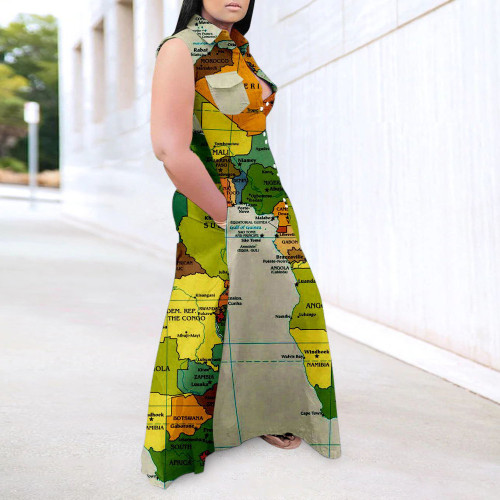 Plus Size Women's Casual Map Print Sleeveless Lapel Shirt Dress