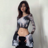Printed Crew Neck Pullover Flare Long Sleeve Cropped Navel Casual Top