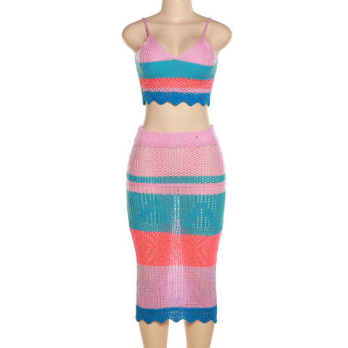 Fashion V-Neck Camisole Temperament Slim Fit Knit Skirt Suit