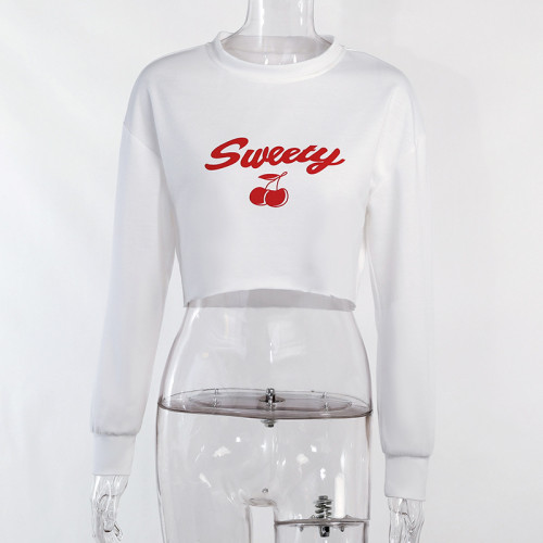Knit Print Cropped Navel Long Sleeve Sweatshirt Cropped White Top