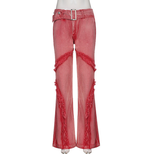 Low-rise denim flared trousers with metal waist buttons