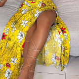 Fashion Sexy One Shoulder Dress Chiffon Print Slit Long Skirt