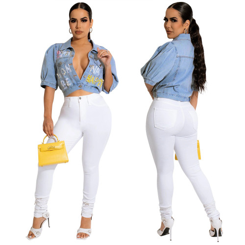 Trendy Personality Slim Straight Single-Breasted Printed Cannonball Short Denim Top