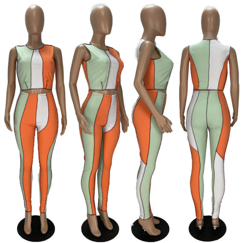 Sexy Women's Contrast Color Splicing Pit Strip Two-piece Suit