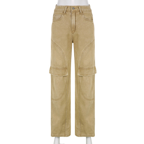 Personalized pockets distressed washed jeans casual trousers