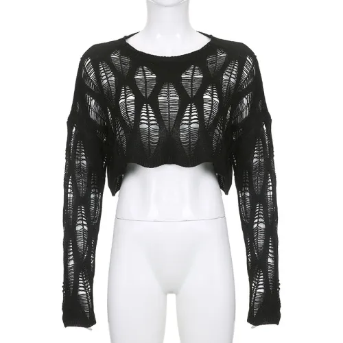 Personality Hollow Hollow Loose Version Long Sleeve Solid Color Woolen Blouse Trendy