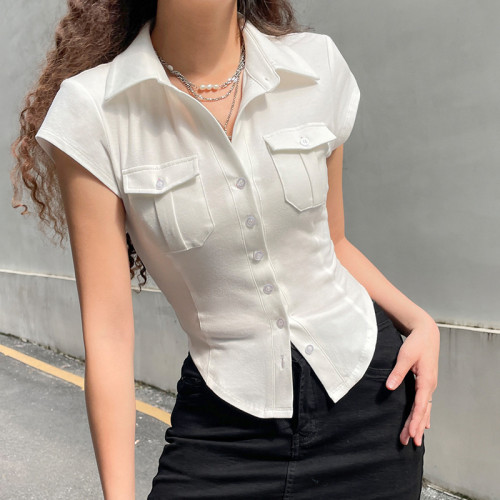 Fashion Solid Color Temperament Lapel Pocket Breasted Slim Fit Slim Short Sleeve Shirt Top