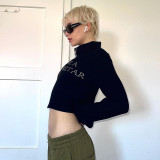 Long-sleeved hot drill high-neck all-match zipper sweater sexy hot girl crop top