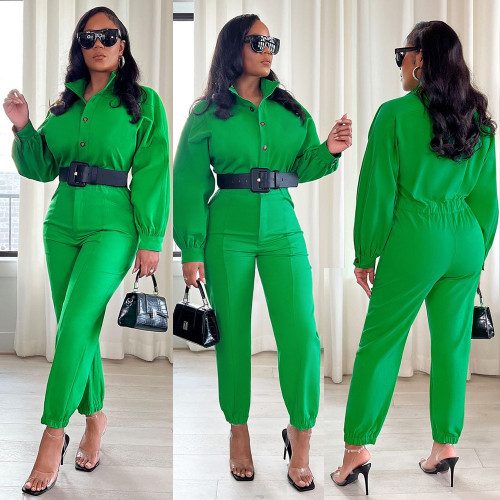 Solid Color Fashion Button Cargo Pants Casual Lapel Jumpsuit