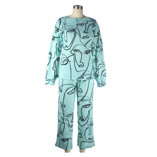 Long Sleeve Face Print Pants Suit Loose Casual Suit