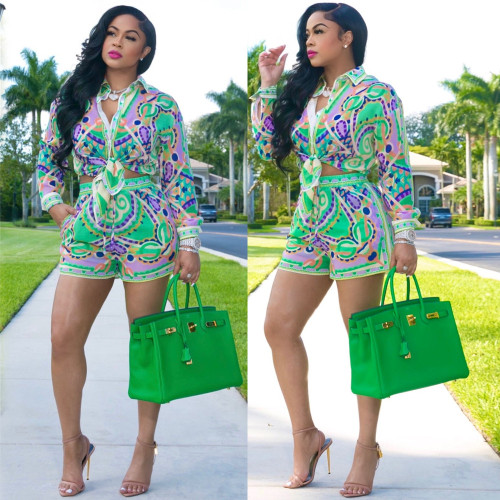 Printed long-sleeved shorts suit knotted shirt European and American fashion women's two-piece suit