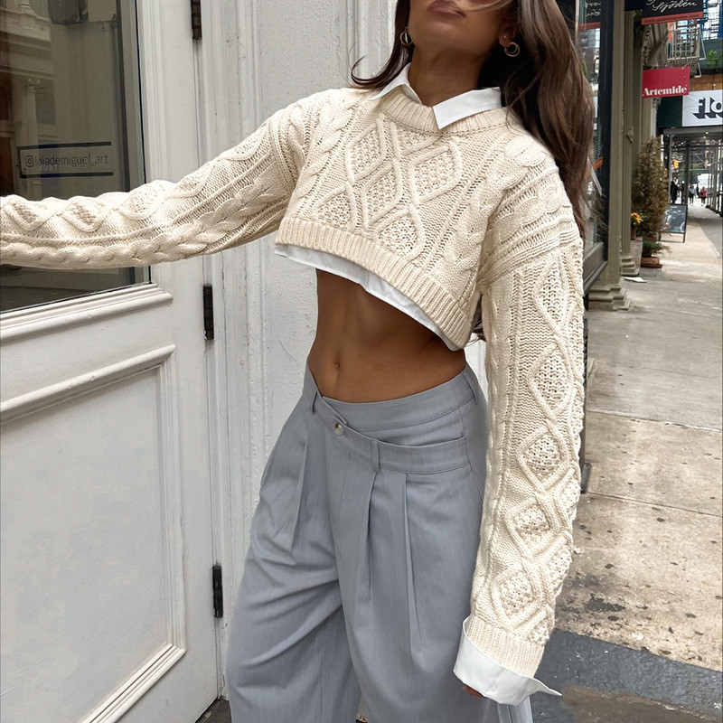 Fashion Round Neck Long Sleeve Cropped Navel Loose Sweater Cropped Top