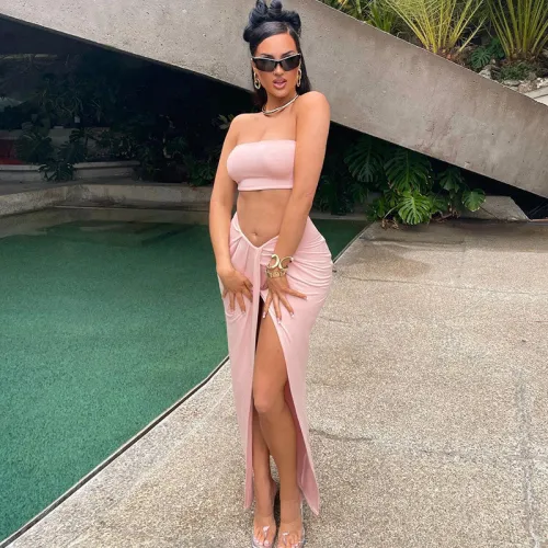 Fashionable sexy one word tube top slim slit skirt suit