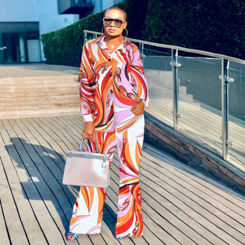 Fashion Long Blue Printed Shirt Wide Leg Pants Two Piece Set