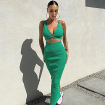 Fashion V-Neck Crop Top Slim Fit Slit Skirt Set