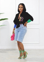 Cuff Stitching Letter Embroidery Shirt Top  BX6116