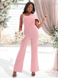 Design niche sexy one-shoulder ruffled pink wrap-chest party dress plus size women's jumpsuit