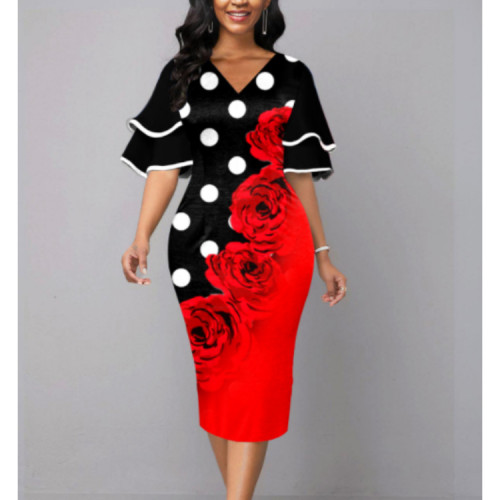 New Layered Flared Sleeve Printed V-Neck Elegant Dress