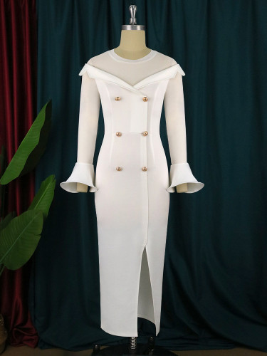 Perspective V Neck Long Sleeve Flare High Waist Slit Cocktail Party Banquet Evening Dress