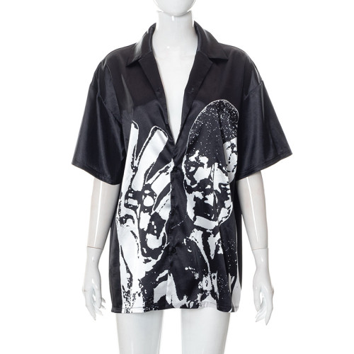 Fashion Print POLO Collar Cardigan Top T-Shirt Women