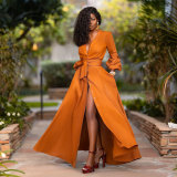 Sexy Deep V Long Sleeve Waist Solid Color Cardigan Dress Long Skirt