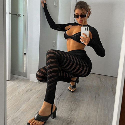 New sexy hollow knitted high-waisted tight-fitting casual trousers