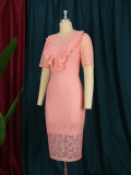 Round neck ladies long skirt lace skirt ruffle dress pink dress