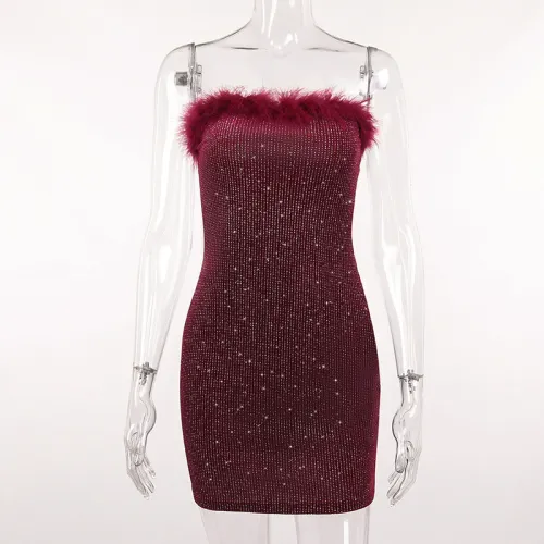 Tube top plush suede fine flash dress temperament sexy women's commuter sleeveless hip skirt
