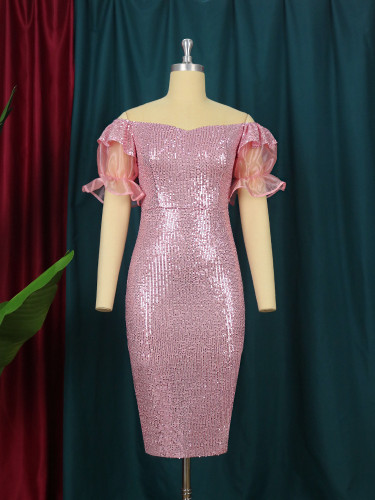 Sexy Tube Top Off Shoulder Collar Lotus Leaf Short Sleeve Pink Sequin Dress Slim Dress Large Size Women's Clothing