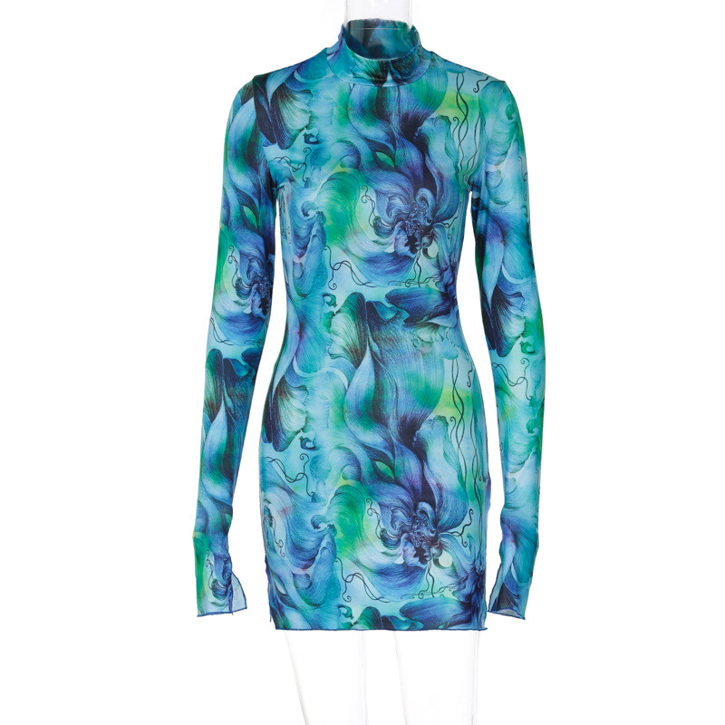 Long Sleeve Statement Tie Dye Abstract Print Fitted Dress