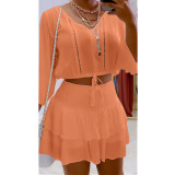 Fashionable casual V-neck pleated two-piece dress