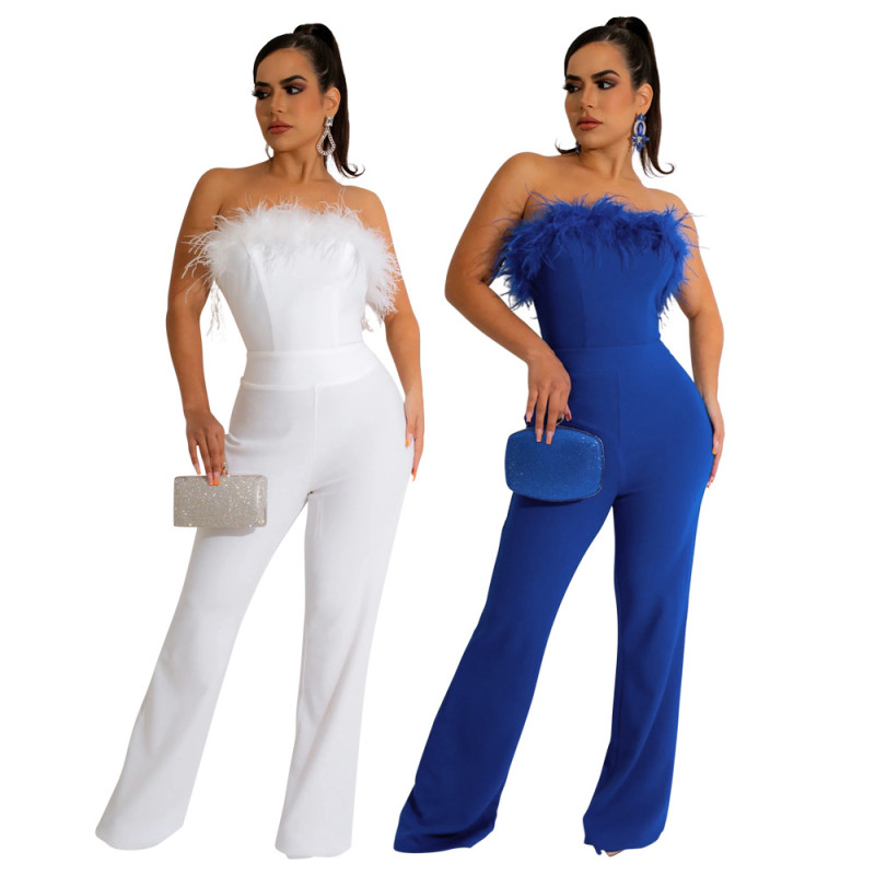 Fashion solid color wide leg pants Casual sleeveless tube top jumpsuit