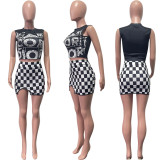 Fashion Slightly Slit Skirt Two Piece Checkered Vest Short Skirt Set