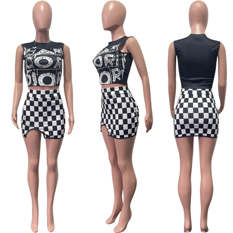 Fashion Slightly Slit Skirt Two Piece Checkered Vest Short Skirt Set