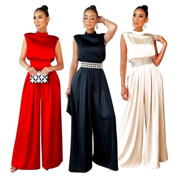 Still Wide Leg Pants Solid Color Turtleneck Sleeveless Waist Jumpsuit