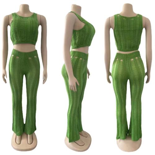 Round neck sleeveless sexy cropped navel fashion ripped knitted suit