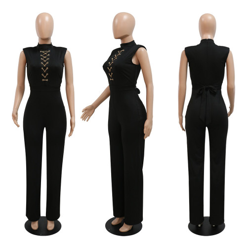 Fashion Solid Color Casual Jumpsuit Casual Round Neck Sleeveless