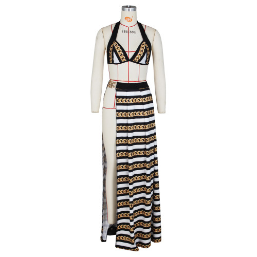 Women's Sexy Metal Ornament High Slit Print Dress 3-Piece Set