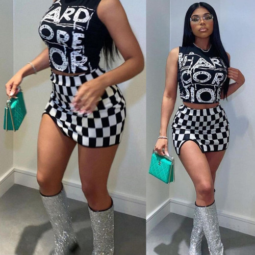 Fashion Slightly Slit Skirt Two Piece Checkered Vest Short Skirt Set