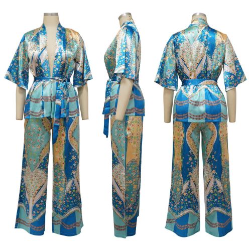 Simulated silk print wide leg pants two-piece multi-color optional