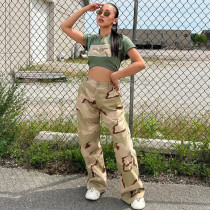Sexy Loose Camouflage Personality Casual Lace-Up Straight Trousers