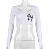 U-Neck Cropped Navel Versatile Cross-Embroidery Long-Sleeve Top