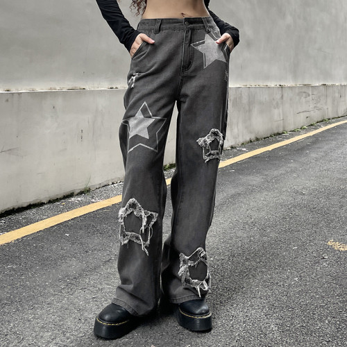 Star patch stitching straight jeans high waist trend handsome gray black slim trousers