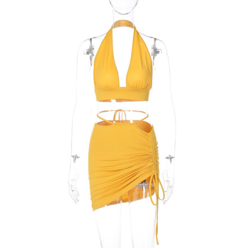 Backless halterneck wrap chest tethered ruffled skirt fashion sexy suit