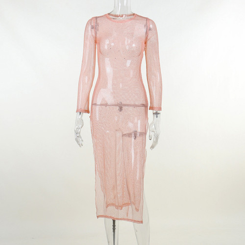 Glitter long sleeve slit dress sexy women's temperament commuter slim dress