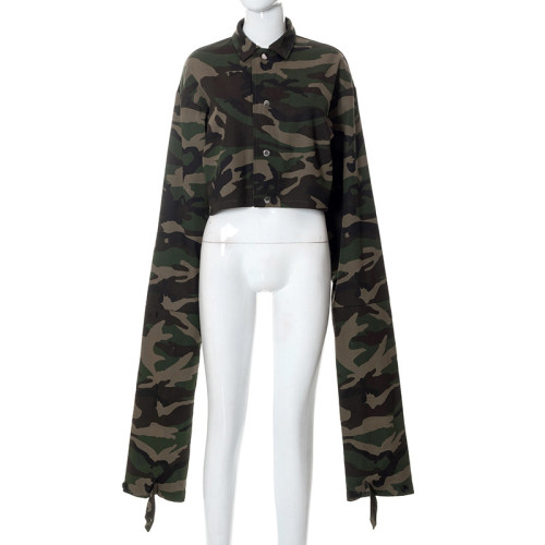 Casual Camo Print Button Lapel Long Sleeve Slim Top