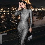 Glitter long sleeve slit dress sexy women's temperament commuter slim dress