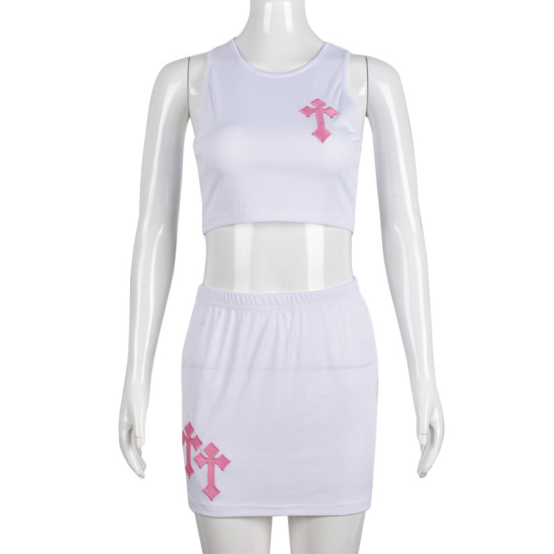 Nightclub street wind embroidery cross flower navel vest mini skirt set